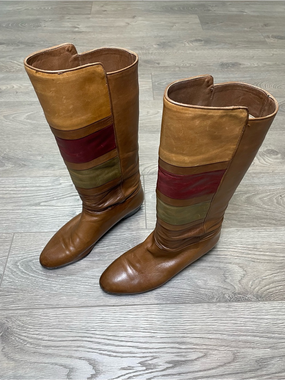Vintage Italian Leather Knee High Boots Size 37.5 Patchwork Multicolor 70s 80s
